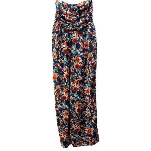 BAND OF GYPSIES Floral Jumpsuit Strapless Ruched Navy Size S - Picture 2 of 8